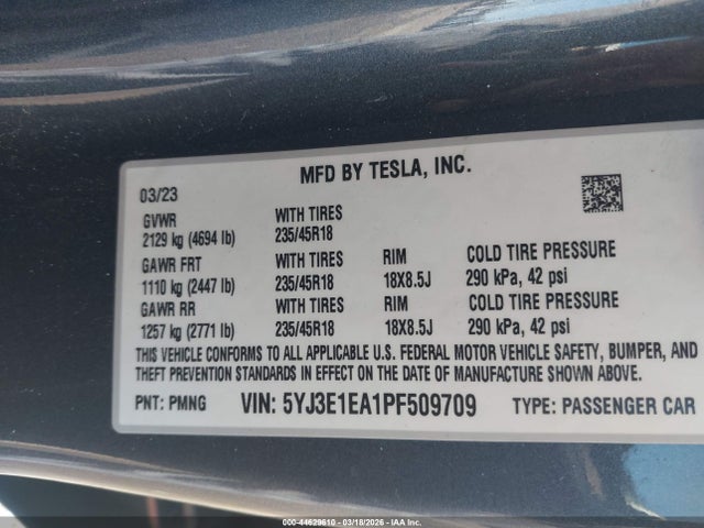 Aukcja sprzedaży 2023 Tesla Model 3 Rear-wheel Drive, vin: 5YJ3E1EA1PF509709, numer aukcji: 44629610