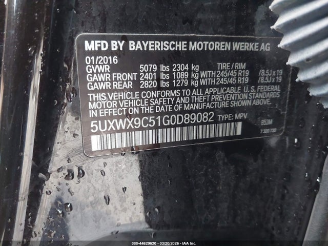 2016 Bmw X3 Xdrive28i მანქანა იყიდება აუქციონზე, vin: 5UXWX9C51G0D89082, აუქციონის ნომერი: 44629620