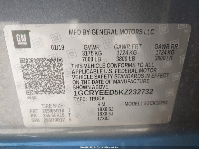 44629625 :رقم المزاد ، 1GCRYEED5KZ232732 vin ، 2019 Chevrolet Silverado 1500 Rst مزاد بيع