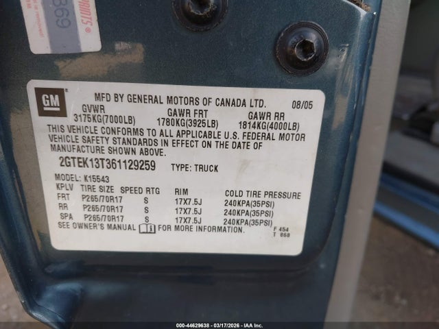 Aukcja sprzedaży 2006 Gmc Sierra 1500 Sle2, vin: 2GTEK13T361129259, numer aukcji: 44629638