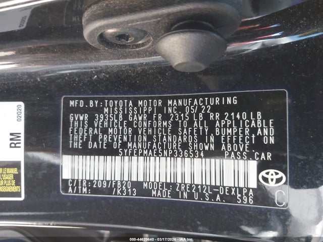 5YFEPMAE5NP336534 Toyota COROLLA LE