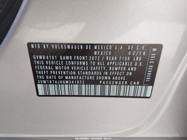 44629664 :رقم المزاد ، 3VW167AJ0GM341972 vin ، 2016 Volkswagen Jetta 1.4t S مزاد بيع