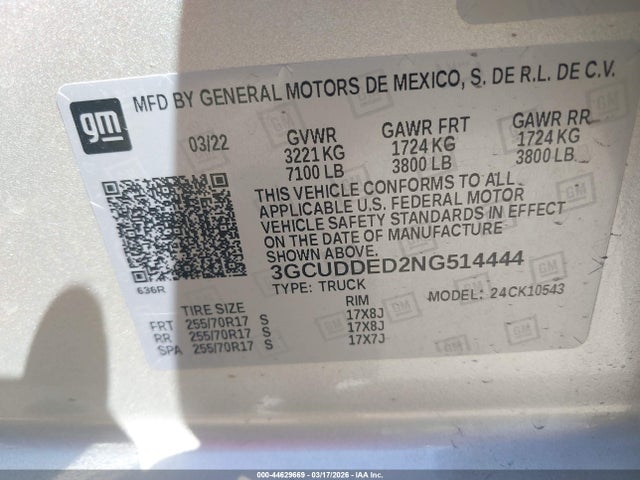3GCUDDED2NG514444 Chevrolet Silverado 1500 4wd Standard Bed Lt