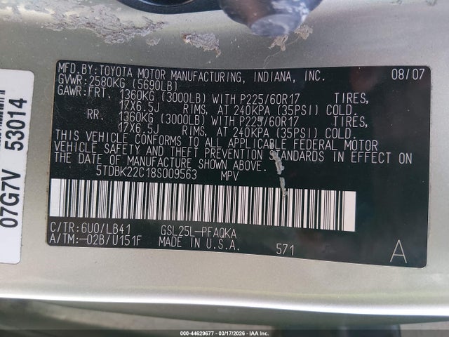 2008 TOYOTA SIENNA 5TDBK22C18S009563 Photo 8