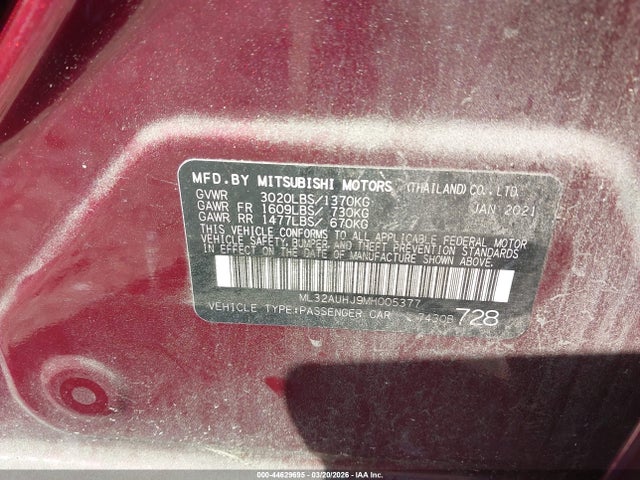 Продаж на аукціоні авто 2021 Mitsubishi Mirage Carbonite Edition/es/le, vin: ML32AUHJ9MH005377, номер лоту: 44629695