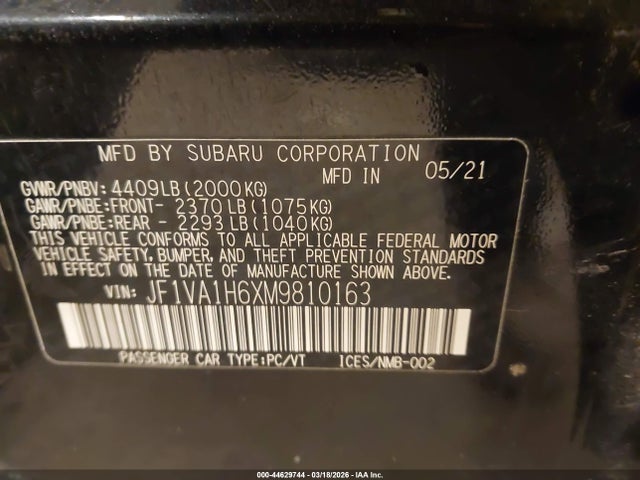 2021 Subaru Wrx Limited მანქანა იყიდება აუქციონზე, vin: JF1VA1H6XM9810163, აუქციონის ნომერი: 44629744