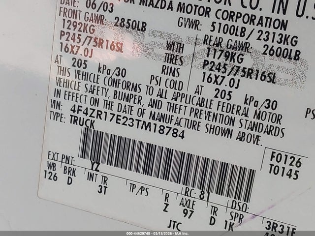 Aukcja sprzedaży 2003 Mazda B4000 Se, vin: 4F4ZR17E23TM18784, numer aukcji: 44629748
