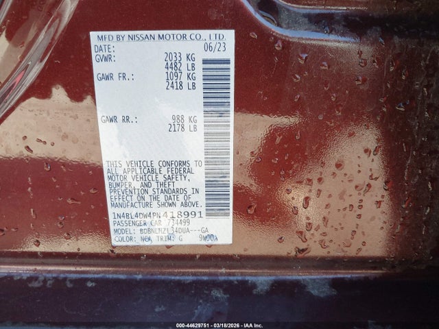 2023 Nissan Altima Sv Intelligent Awd მანქანა იყიდება აუქციონზე, vin: 1N4BL4DW4PN418991, აუქციონის ნომერი: 44629751
