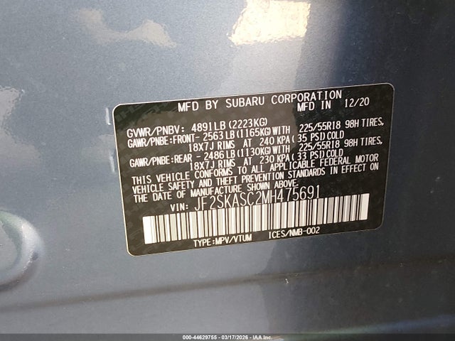 Aukcja sprzedaży 2021 Subaru Forester Limited, vin: JF2SKASC2MH475691, numer aukcji: 44629755