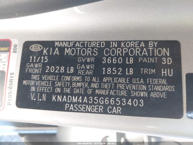 Aukcja sprzedaży 2016 Kia Rio Lx, vin: KNADM4A35G6653403, numer aukcji: 44629762