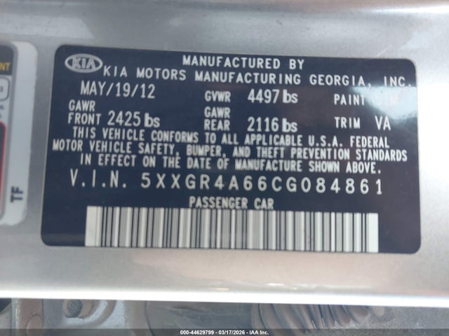 Aukcja sprzedaży 2012 Kia Optima Sx, vin: 5XXGR4A66CG084861, numer aukcji: 44629799