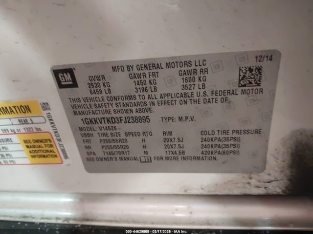 Продаж на аукціоні авто 2015 Gmc Acadia Denali, vin: 1GKKVTKD3FJ238895, номер лоту: 44629809