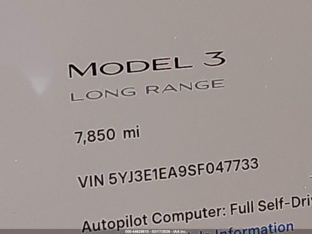 Aukcja sprzedaży 2025 Tesla Model 3, vin: 5YJ3E1EA9SF047733, numer aukcji: 44629810