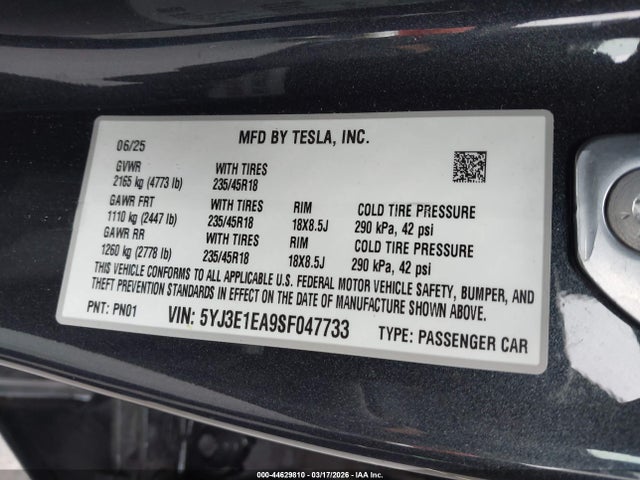 Aukcja sprzedaży 2025 Tesla Model 3, vin: 5YJ3E1EA9SF047733, numer aukcji: 44629810