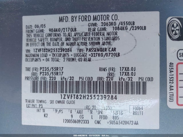 44629816 :رقم المزاد ، 1ZVFT82H255239284 vin ، 2005 Ford Mustang Gt Deluxe/gt Premium مزاد بيع