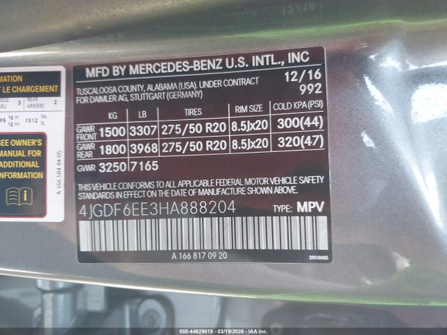 Продаж на аукціоні авто 2017 Mercedes-benz Gls 450 4matic, vin: 4JGDF6EE3HA888204, номер лоту: 44629818