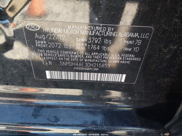 Aukcja sprzedaży 2013 Hyundai Elantra Gls/limited, vin: 5NPDH4AE3DH215859, numer aukcji: 44629835