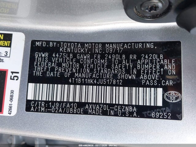 4T1B11HK4JU517812 Toyota CAMRY LE