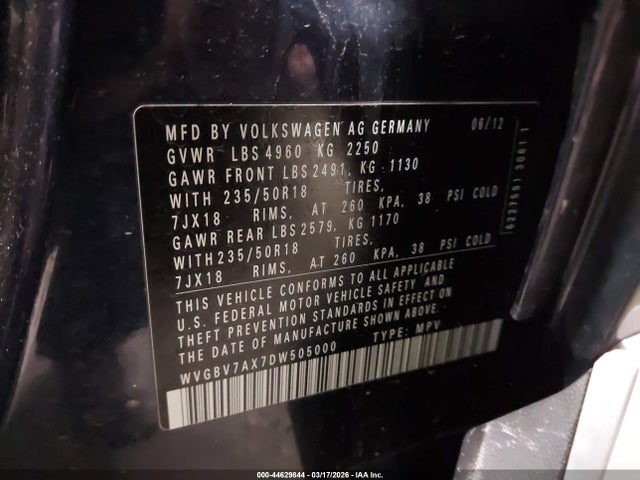 44629844 :رقم المزاد ، WVGBV7AX7DW505000 vin ، 2013 Volkswagen Tiguan S/se/sel مزاد بيع