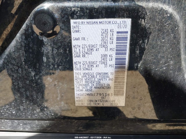5N1AT2MV0LC795143 Nissan Rogue Sv Intelligent Awd