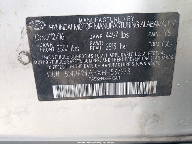 Продаж на аукціоні авто 2017 Hyundai Sonata, vin: 5NPE24AFXHH537273, номер лоту: 44629865