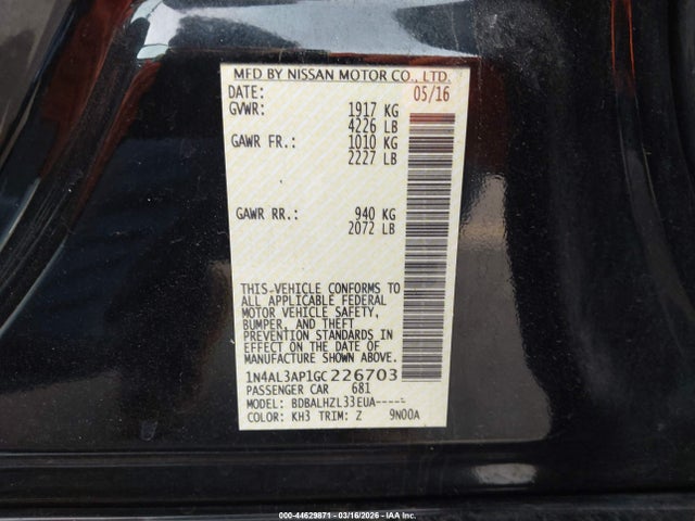1N4AL3AP1GC226703 Nissan Altima 2.5/2.5 S/2.5 Sl/2.5 Sr/2.5 Sv