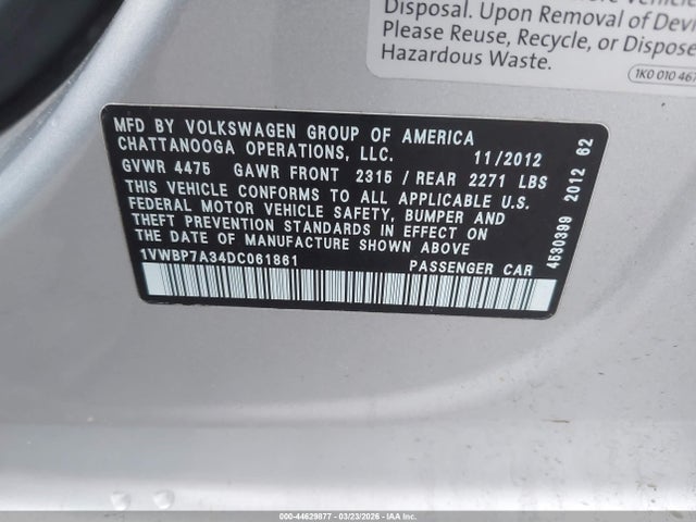 Auction sale of the 2013 Volkswagen Passat 2.5l Se, vin: 1VWBP7A34DC061861, lot number: 44629877