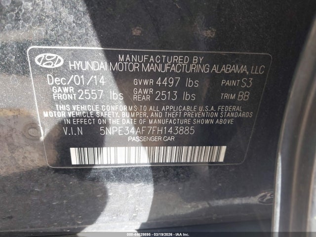 2015 Hyundai Sonata Limited მანქანა იყიდება აუქციონზე, vin: 5NPE34AF7FH143885, აუქციონის ნომერი: 44629895