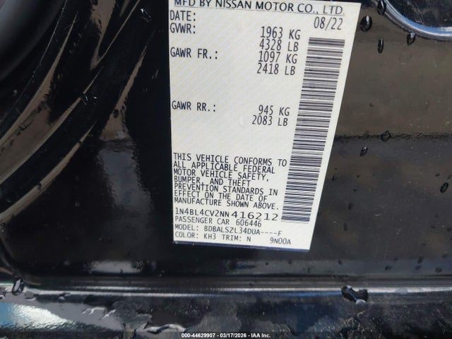 44629907 :رقم المزاد ، 1N4BL4CV2NN416212 vin ، 2022 Nissan Altima Sr Fwd مزاد بيع