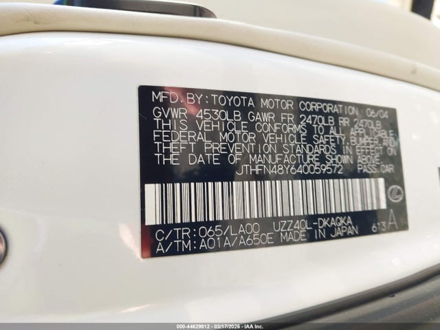 44629912 :رقم المزاد ، JTHFN48Y640059572 vin ، 2004 Lexus Sc 430 مزاد بيع