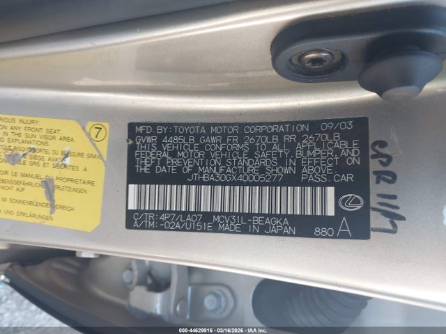 Aukcja sprzedaży 2004 Lexus Es 330, vin: JTHBA30GX40005277, numer aukcji: 44629916