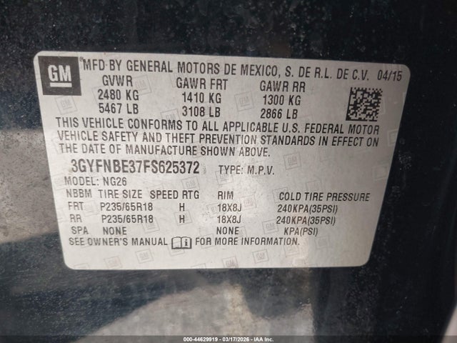 3GYFNBE37FS625372 Cadillac Srx Luxury Collection