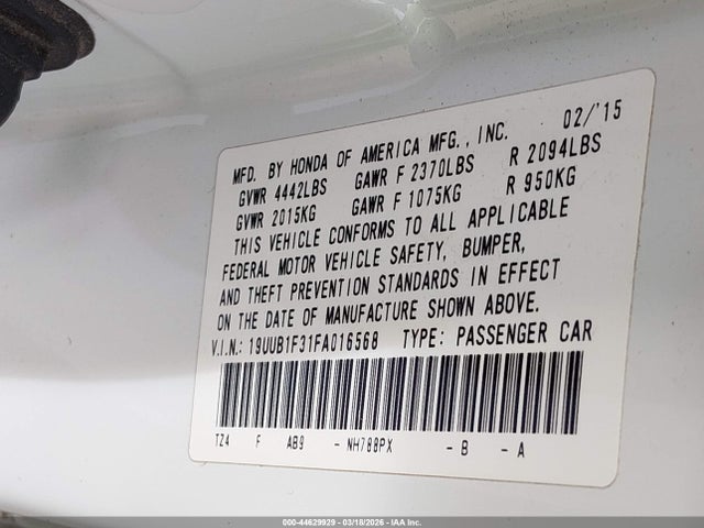 44629929 :رقم المزاد ، 19UUB1F31FA016568 vin ، 2015 Acura Tlx مزاد بيع