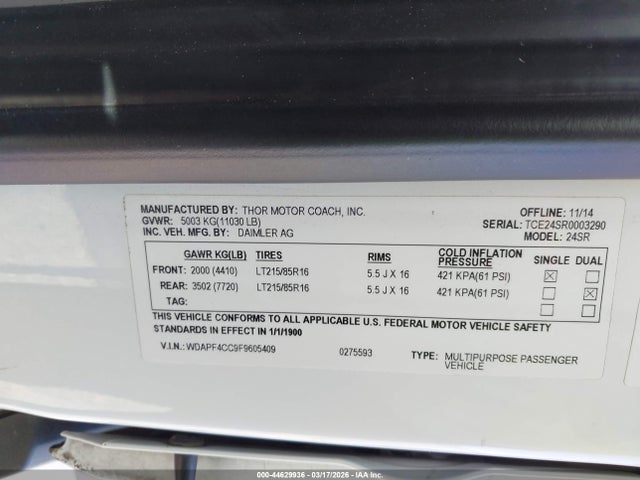 Продажа на аукционе авто 2015 Mercedes Sprinter 3500, vin: WDAPF4CC9F9605409, номер лота: 44629936