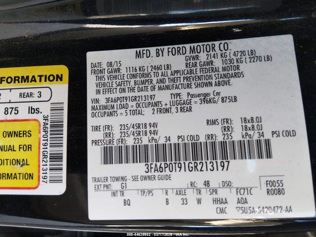 Aukcja sprzedaży 2016 Ford Fusion Se, vin: 3FA6P0T91GR213197, numer aukcji: 44629952