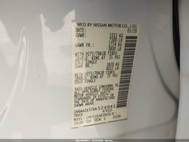 Aukcja sprzedaży 2019 Nissan Titan Pro-4x, vin: 1N6AA1E57KN524941, numer aukcji: 44629971