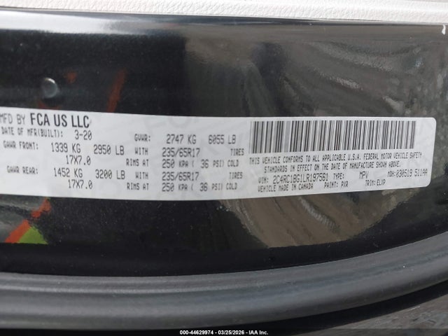 44629974 :رقم المزاد ، 2C4RC1BG1LR197561 vin ، 2020 Chrysler Pacifica Touring L مزاد بيع