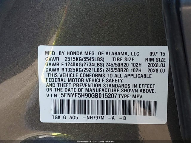 Honda Pilot Touring 2016 5FNYF5H90GB015207 Image 9