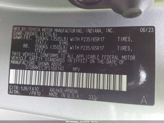 Продаж на аукціоні авто 2023 Toyota Sienna Le, vin: 5TDBRKEC3PS168140, номер лоту: 44629982