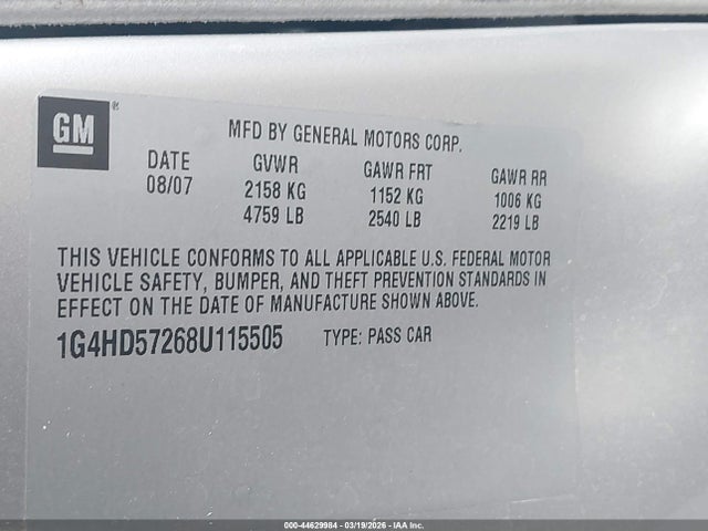 Продажа на аукционе авто 2008 Buick Lucerne Cxl, vin: 1G4HD57268U115505, номер лота: 44629984