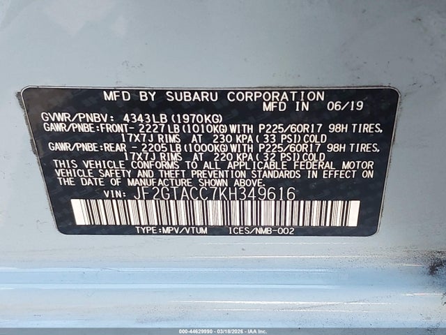Subaru Crosstrek 2.0i Premium 2019 JF2GTACC7KH349616 Image 9