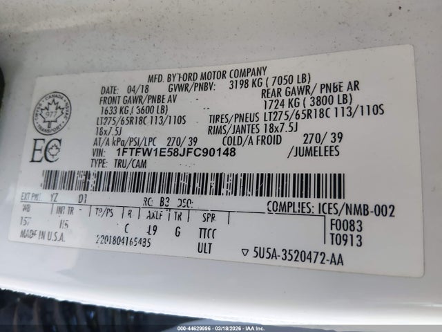 Продаж на аукціоні авто 2018 Ford F-150 Lariat, vin: 1FTFW1E58JFC90148, номер лоту: 44629996