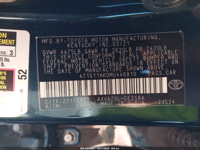 44630001 :رقم المزاد ، 4T1G11AK0MU446810 vin ، 2021 Toyota Camry Se مزاد بيع