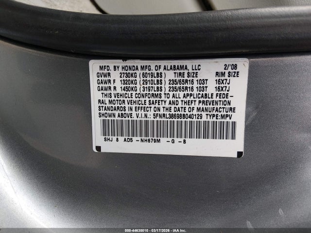 Aukcja sprzedaży 2008 Honda Odyssey Ex-l, vin: 5FNRL38698B040129, numer aukcji: 44630010