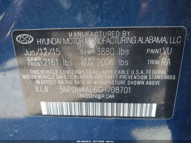 Hyundai ELANTRA SE 2016 5NPDH4AE6GH708701 Image 9
