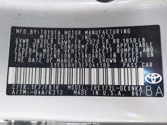 Toyota COROLLA LE 2014 5YFBURHE9EP041189 Image 9