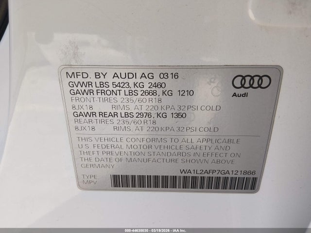 Aukcja sprzedaży 2016 Audi Q5 2.0t Premium, vin: WA1L2AFP7GA121866, numer aukcji: 44630030