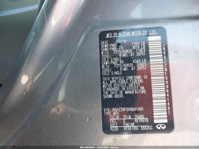 44630036 :رقم المزاد ، JN8AZ2NF6H9641491 vin ، 2017 Infiniti Qx80 مزاد بيع