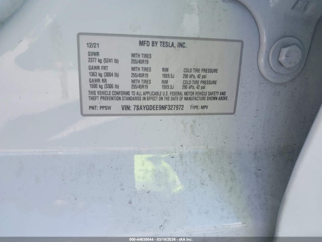 Продаж на аукціоні авто 2022 Tesla Model Y Long Range Dual Motor All-wheel Drive, vin: 7SAYGDEE9NF327972, номер лоту: 44630044