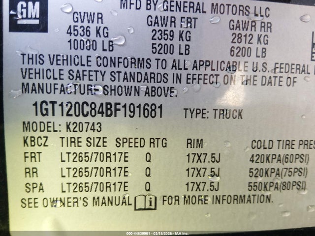 2011 Gmc Sierra 2500hd Sle მანქანა იყიდება აუქციონზე, vin: 1GT120C84BF191681, აუქციონის ნომერი: 44630061